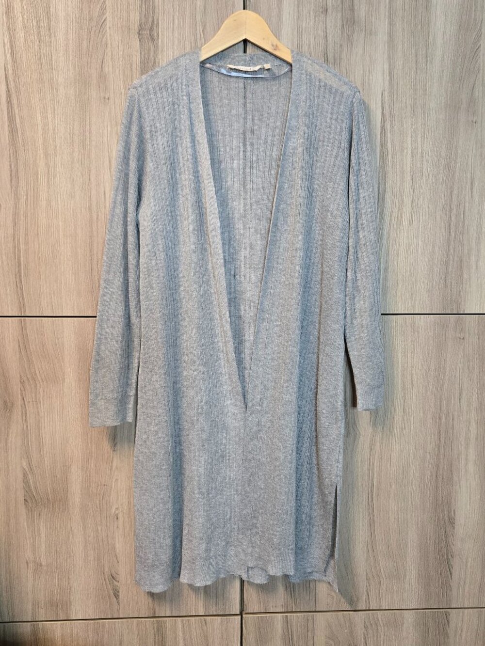 Soft Surroundings Sheer Ribbed Duster Cardigan Womens Grey Open Front Office M